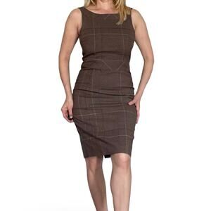 H&M Y2K Brown Plaid Sheath Dress Size 8 Sleeveless Fitted Vintage